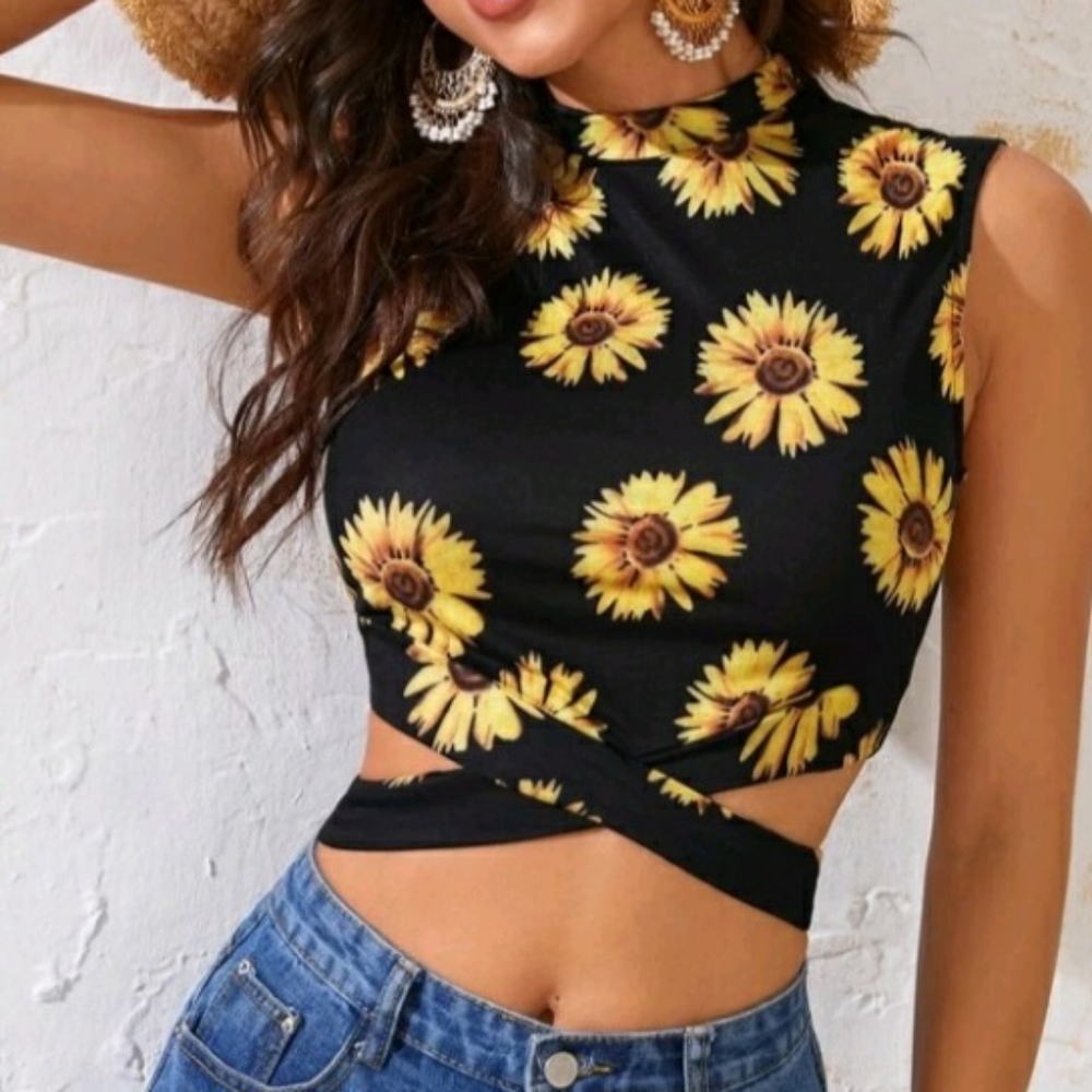 Boho mock neck criss cross sunflower print top